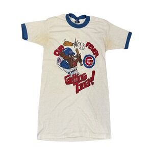 Vintage 80s Chicago Cubs Cartoon Ringer T-Shirt Mens Medium Sneakers White Blue